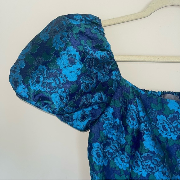 Anthropologie Puff Sleeve Jaquard Top 4 Square Neck Cropped Blue/Green NEW! - Picture 7 of 10
